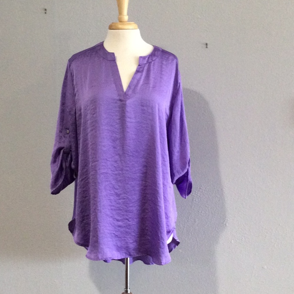 Est. 1946 (Cato) Purple Hi-Low Rolltab Sleeve Silky V-Neck Pullover Blouse18/20W
